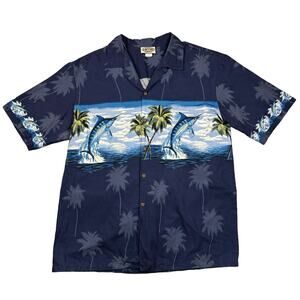 Hawaiian Shirt Mens XL Vintage Marlin Fish Tropical Beach Navy‎ Short Sleeve